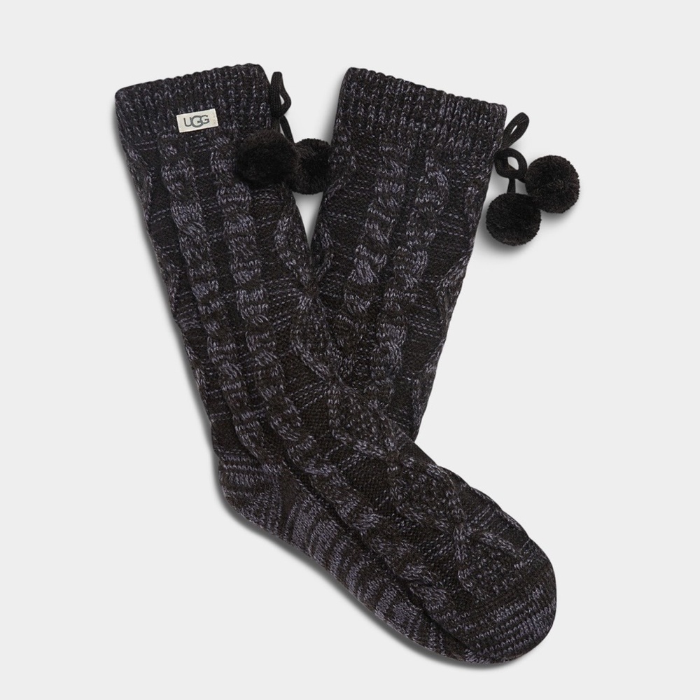 UGG Fleece Lined Cabin Socks Charcoal Cable Knit Pom Pom Cozy One Size